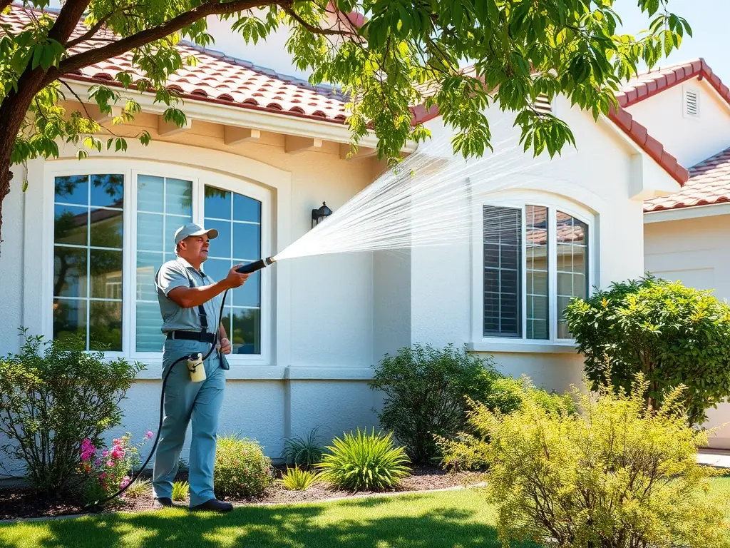 A residential house exterior being soft washed by MTK SOFTWASH, showcasing the gentle yet effective cleaning process. The house is located in a suburban neighborhood in Riverside, CA.