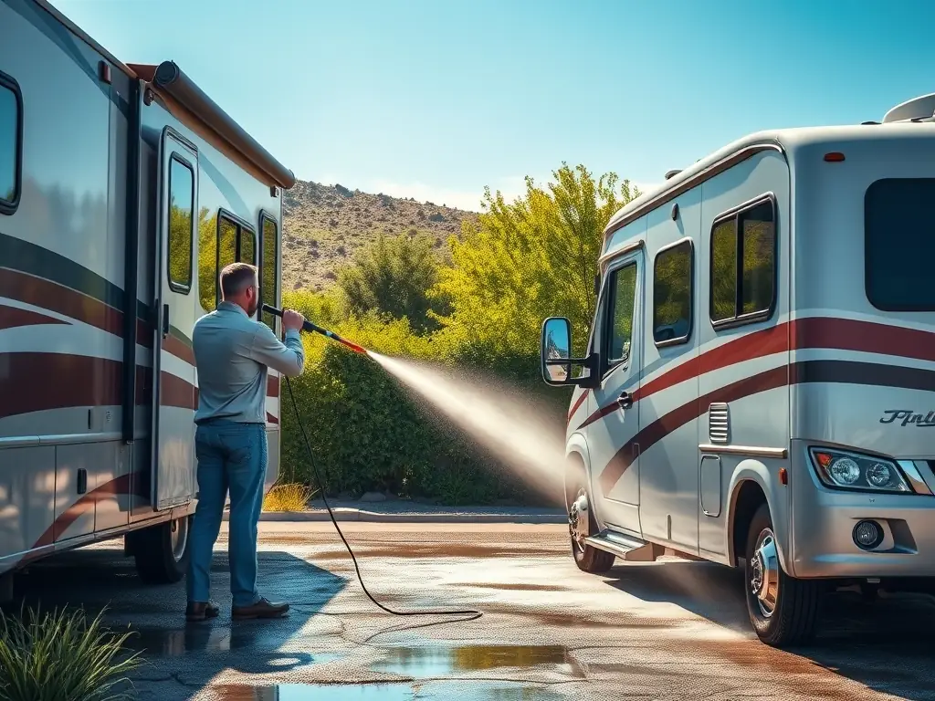 An MTK SOFTWASH team member cleaning an RV with specialized equipment, highlighting the company's ability to handle unique cleaning challenges. The RV is parked in Aguanga, CA.