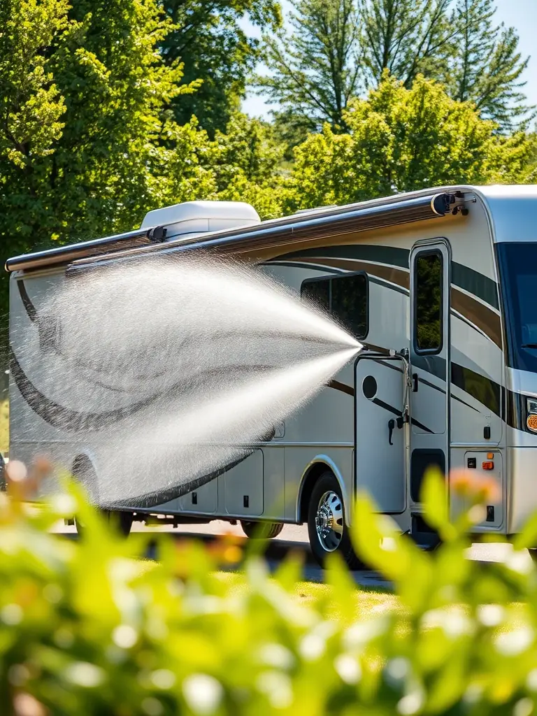 An RV being thoroughly cleaned with pressure washing equipment, highlighting the removal of road grime and dirt. The RV is parked in a scenic outdoor setting.