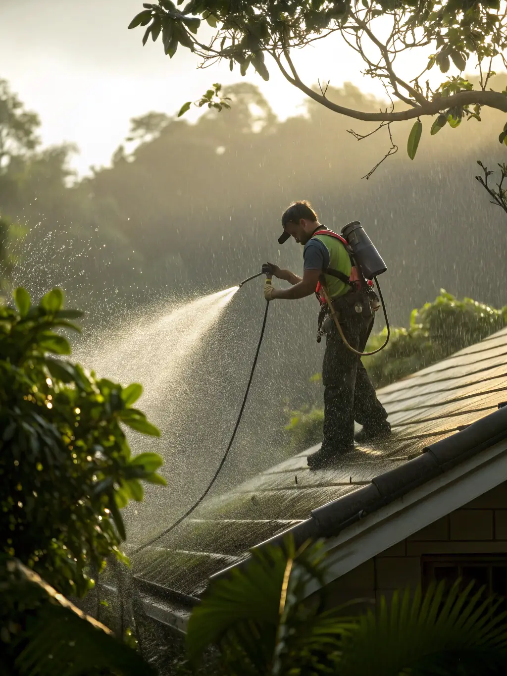 A soft washing setup being used on a delicate roof, with moss and algae visibly being removed without causing damage to the shingles. The focus is on the gentle yet effective cleaning process.