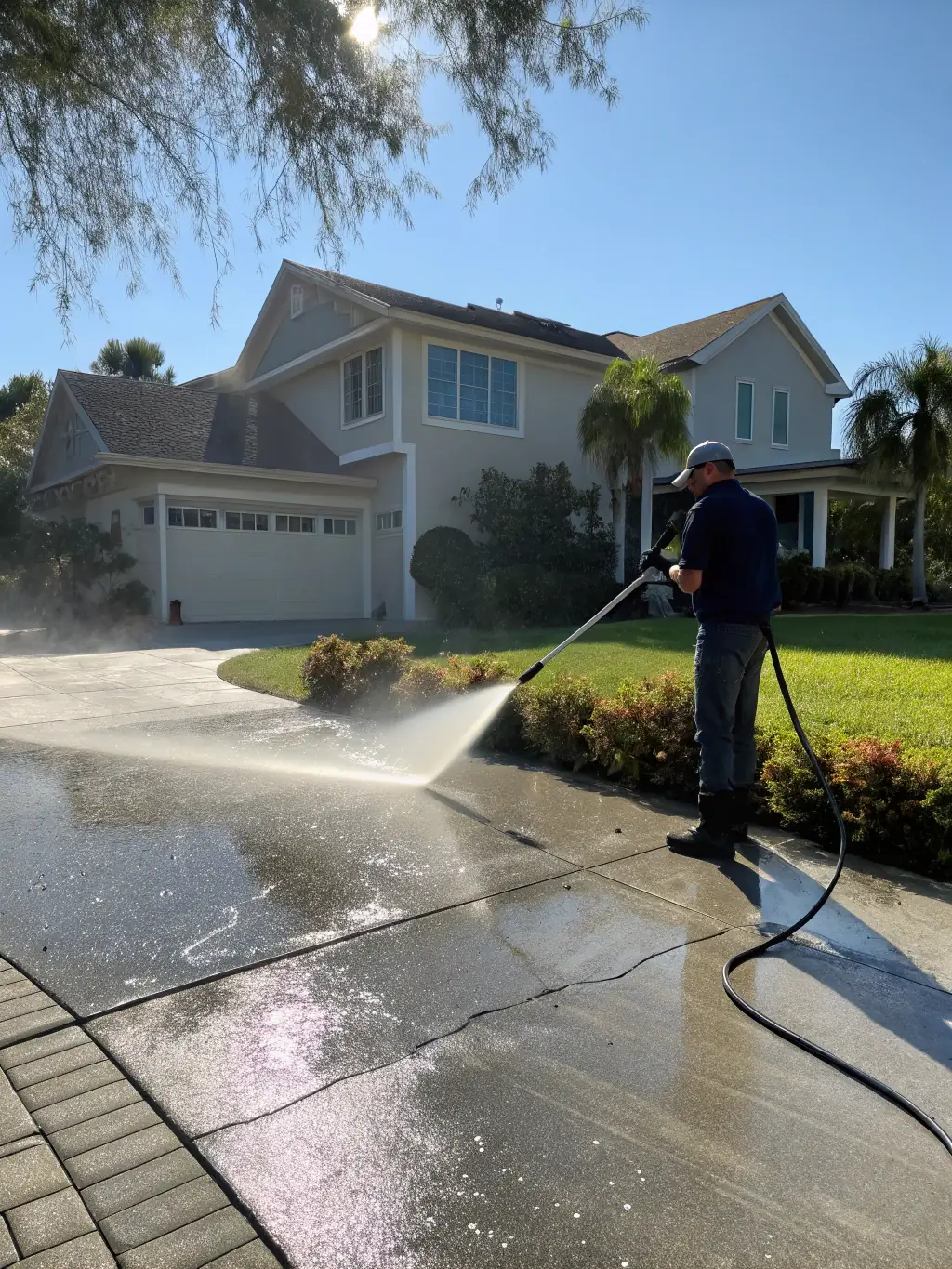 A high-pressure water stream cleaning a heavily soiled concrete driveway, showcasing the immediate removal of dirt and grime. The scene is bright and sunny, emphasizing the cleanliness achieved.