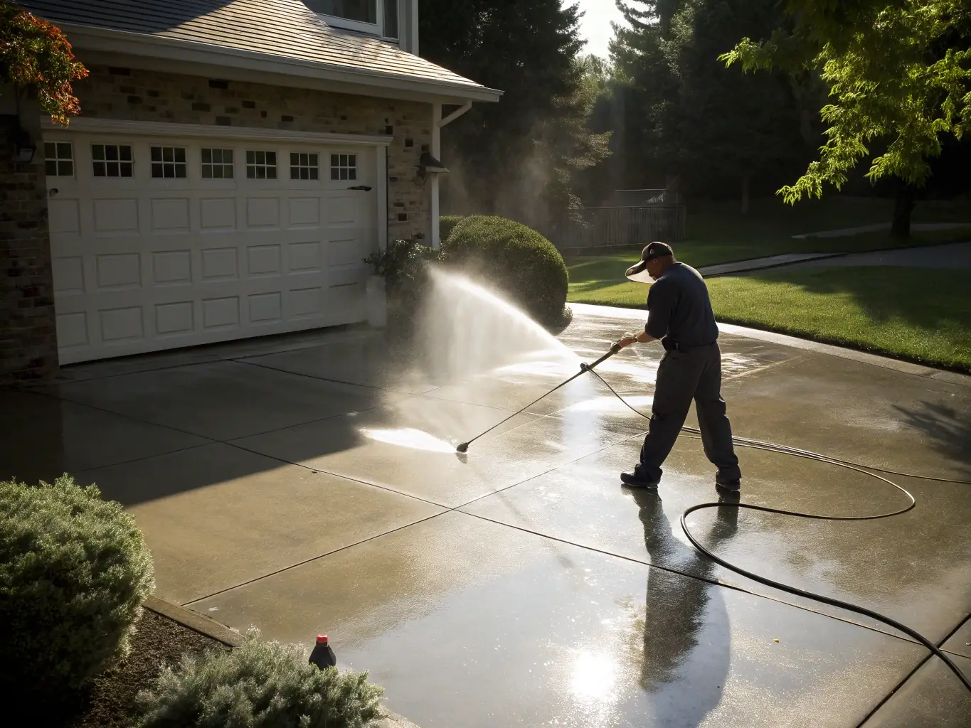 An MTK SOFTWASH technician pressure washing a driveway, removing tough stains and grime. The driveway is part of a commercial property in Temecula, CA.