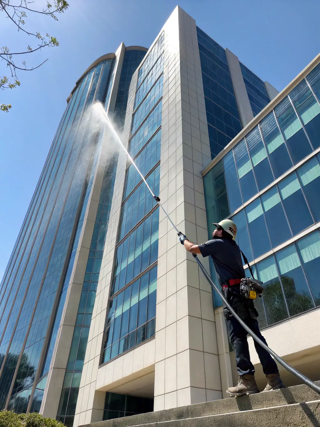 A commercial building's exterior being soft washed, showing the removal of dirt and stains from the siding. The building is a light color, showcasing the effectiveness of the cleaning.