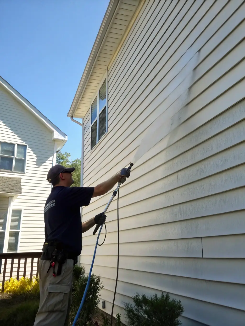 An image of a house siding being soft washed, with visible mold and algae being removed gently.